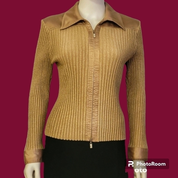 Fontana Metallic Tan Gold Satin Ribbed Zipper Sweater - Picture 1 of 7